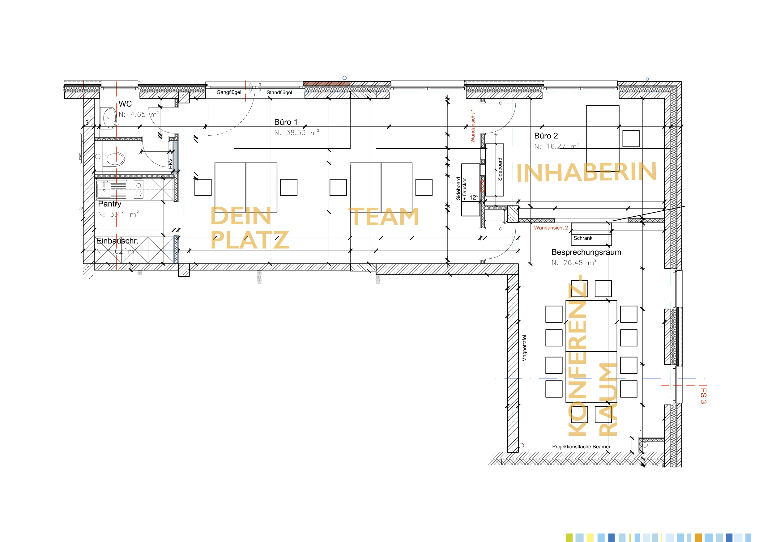Grundriss | Coworking Buxtehude: Loft-Büro mit insgesamt 6 Schreibtischen: Bürostuhl, Rollcontainer (abschließbar), Monitor und Tastatur und Konferenzraum
