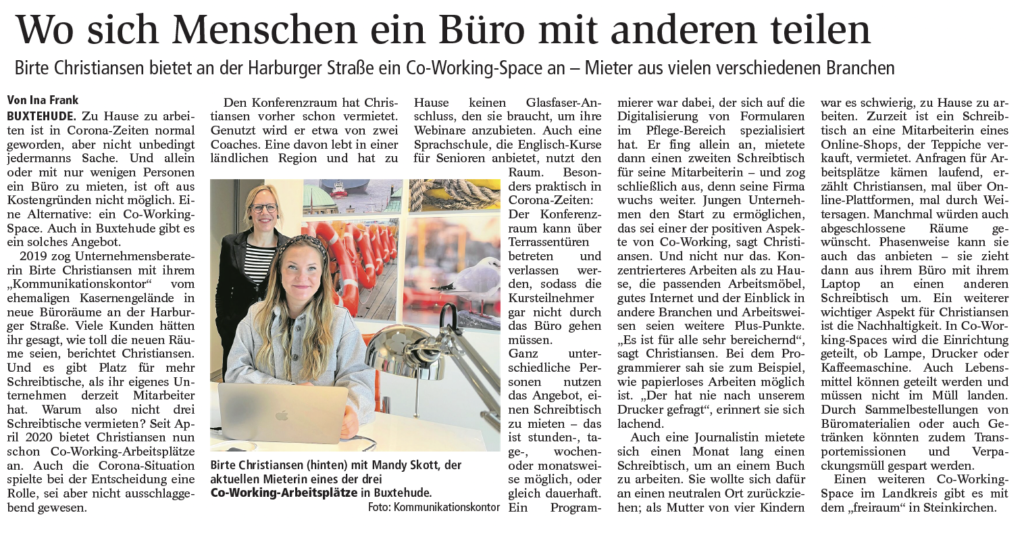 Coworking Buxtehude: Buxtehuder Tageblatt berichtet über unser Coworking Space